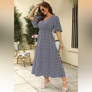 Elegant Blue Floral Women's Dress